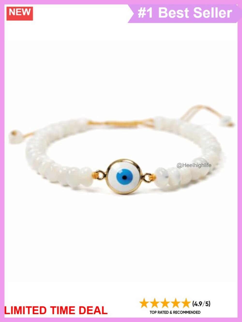Handmade Evil Eye Bracelet Mother of Pearl 6mm Gold Plated Charm Adjustable